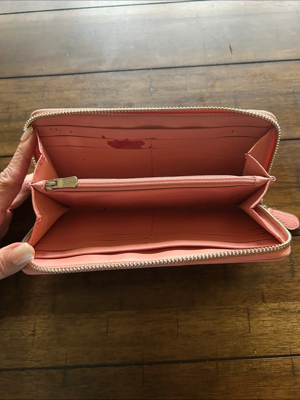 Coach Zip-Around Wallet in Khaki Canvas with Pink Trim
